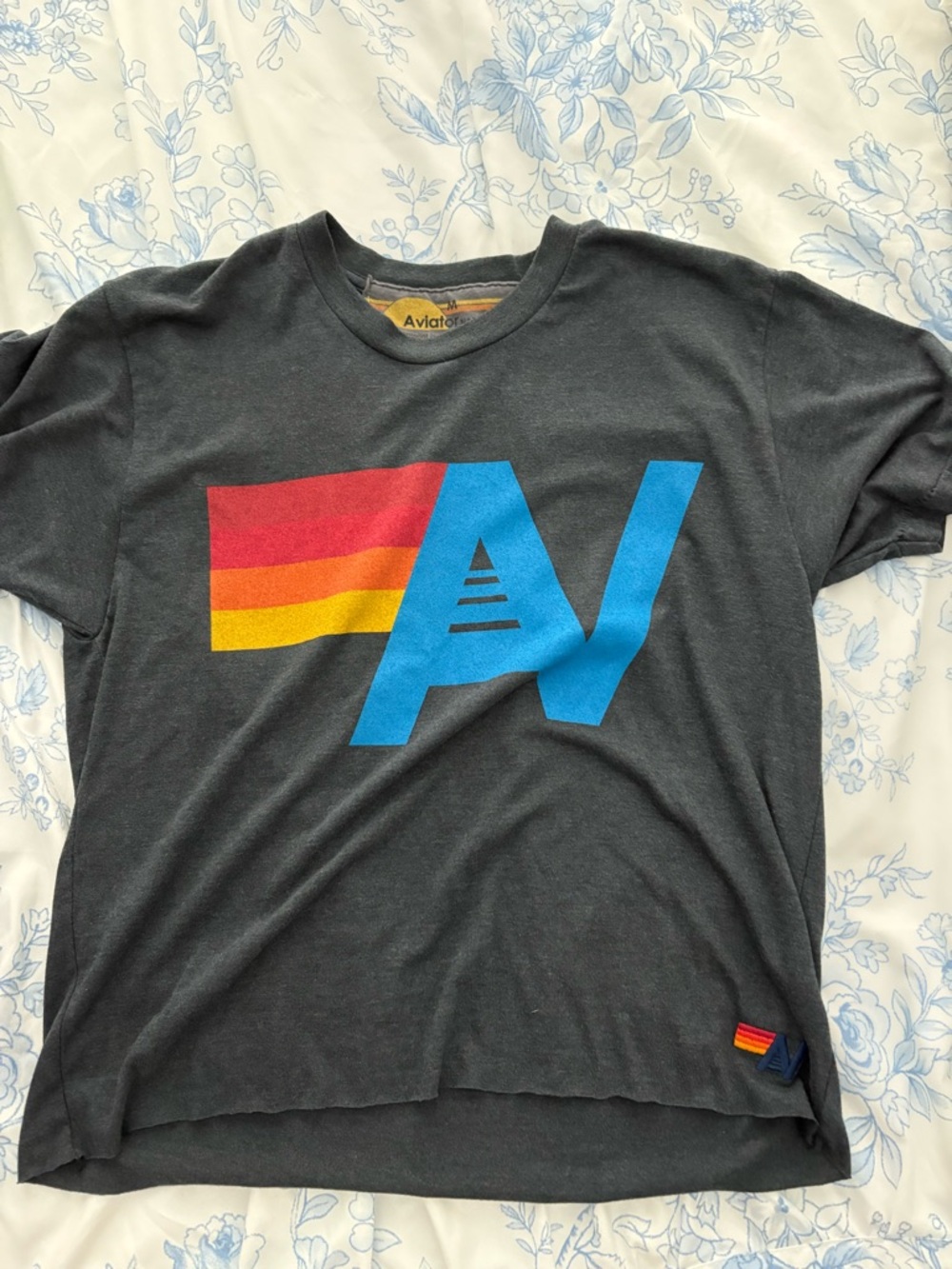 Aviator Nation Black Short-Sleeve Logo Tee with Blue & Red-Yellow Stripe